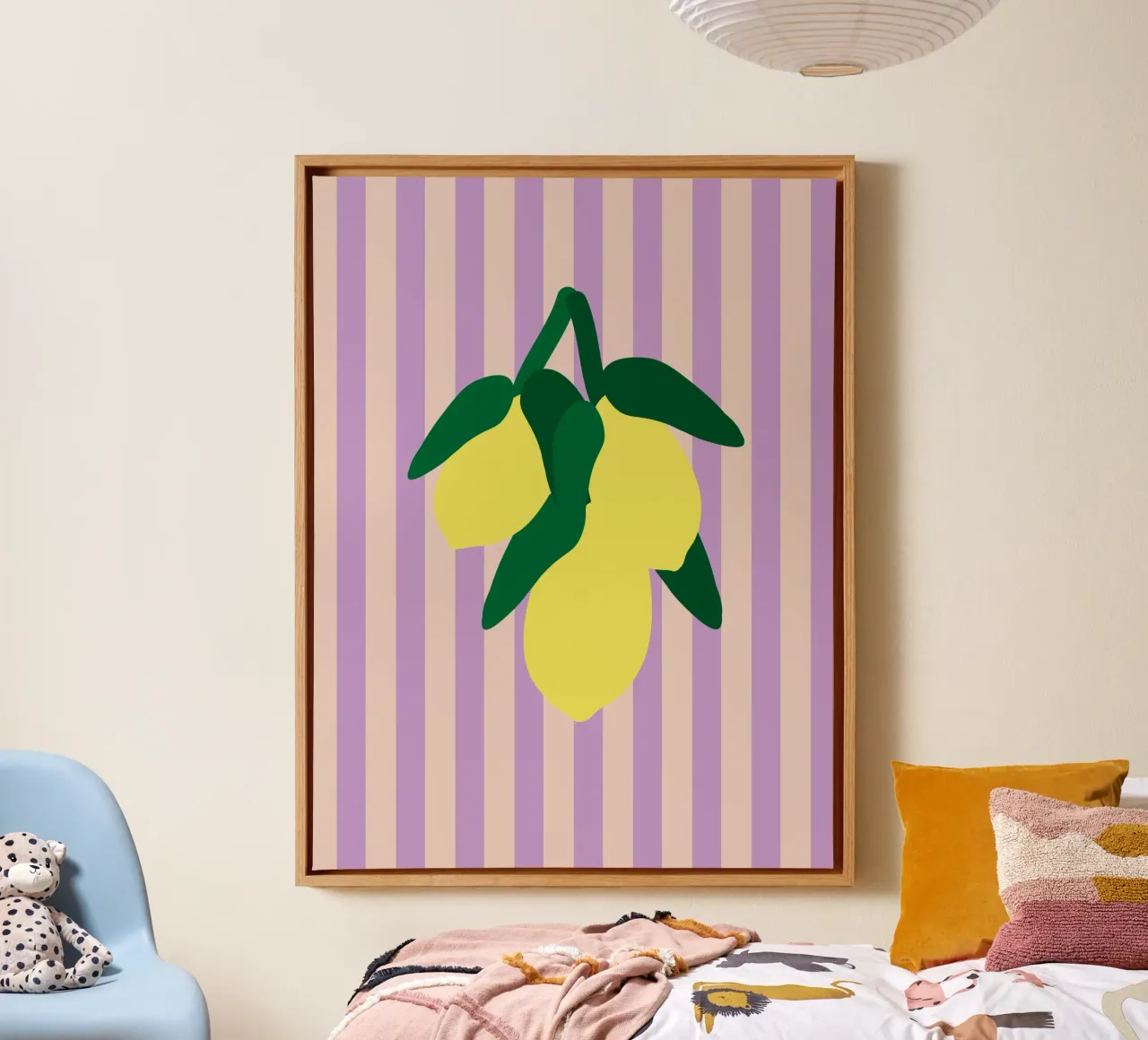 Amalfi lemons on lilac stripes canvas by Alisa Knöß