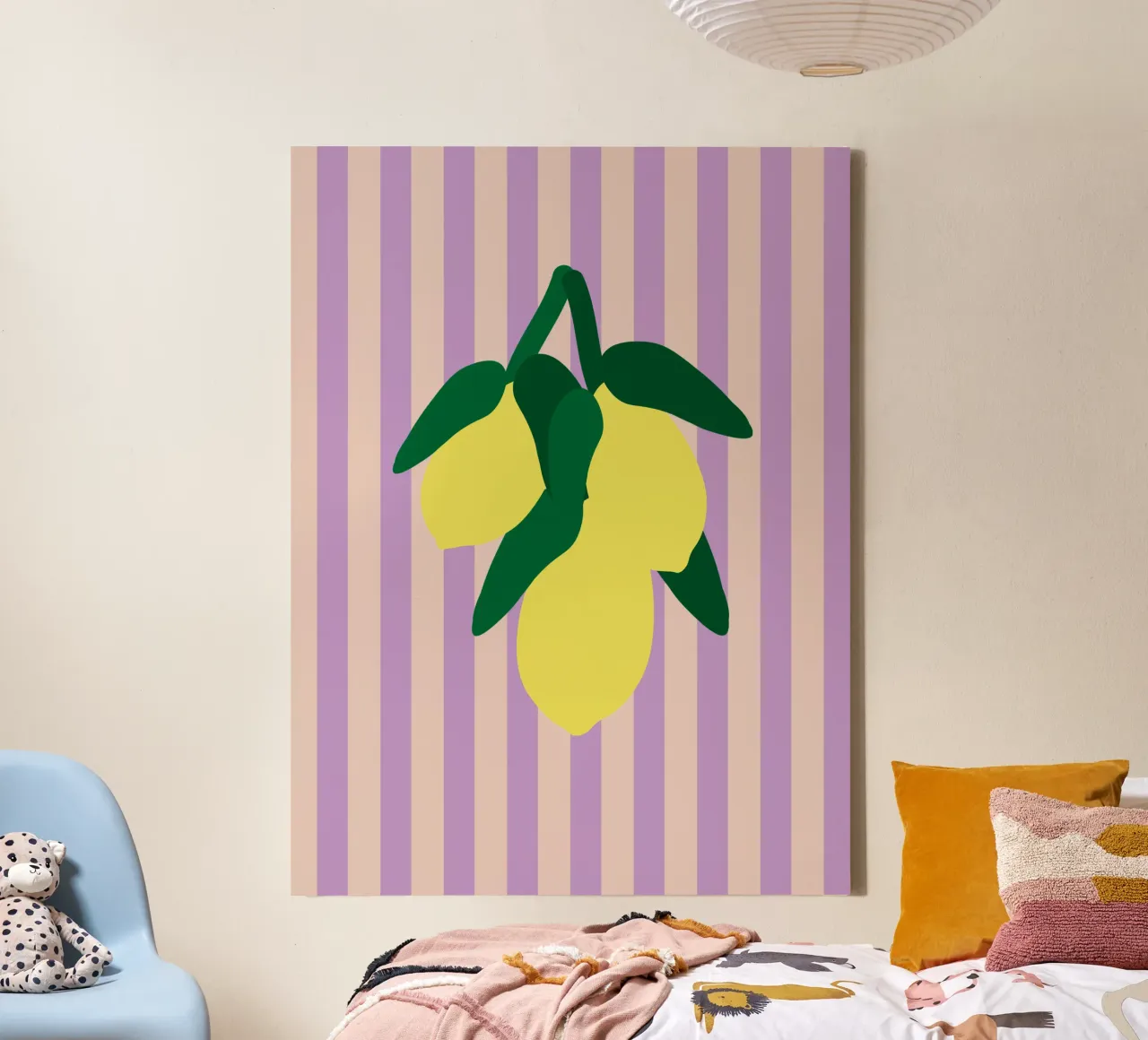 Amalfi lemons on lilac stripes canvas by Alisa Knöß