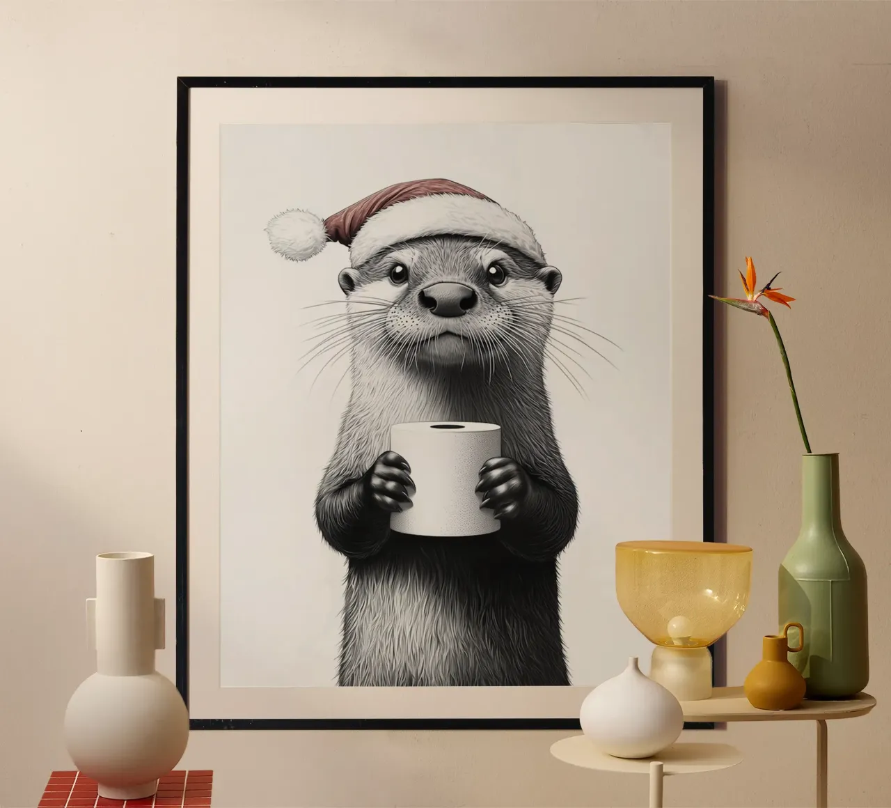 Lontra per il conto alla rovescia di Natale poster con telaio in legno da animals_studio