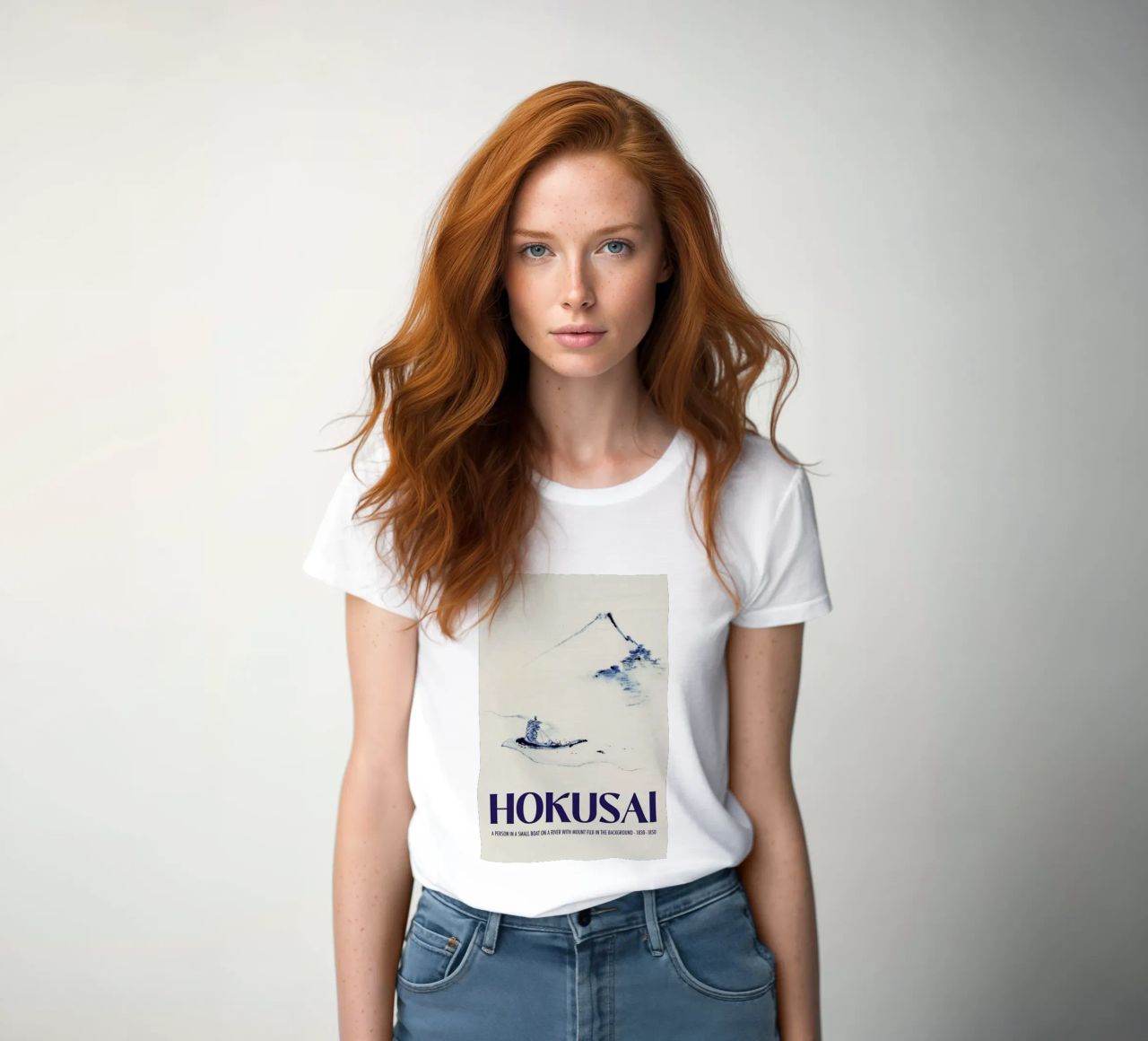 Hokusai - A Person in a Small Boat on a River with Mount Fuji in the Background III women's fitted t-shirt by Vintage by JUNIQE