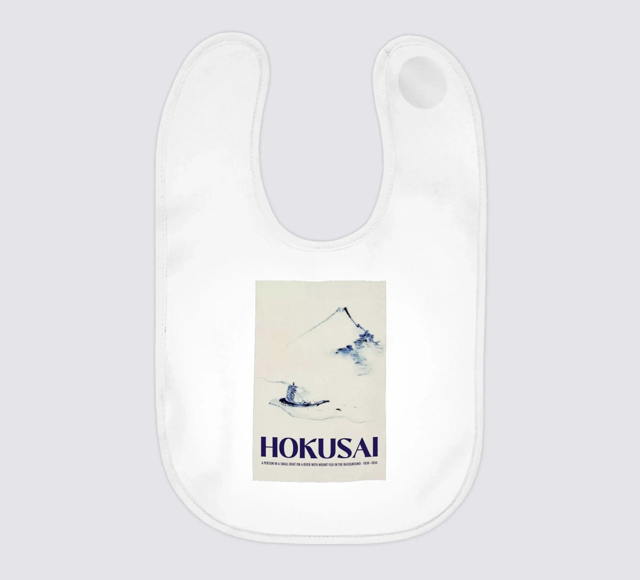 Hokusai - A Person in a Small Boat on a River with Mount Fuji in the Background III baby bib by Vintage by JUNIQE