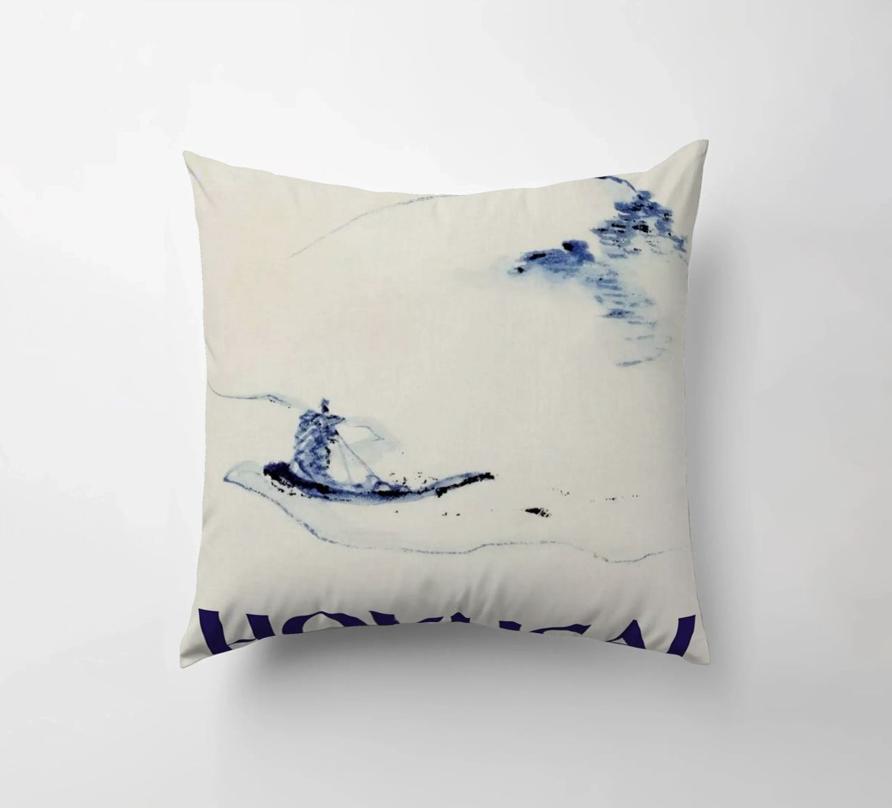 Hokusai - A Person in a Small Boat on a River with Mount Fuji in the Background III decorative cushion by Vintage by JUNIQE