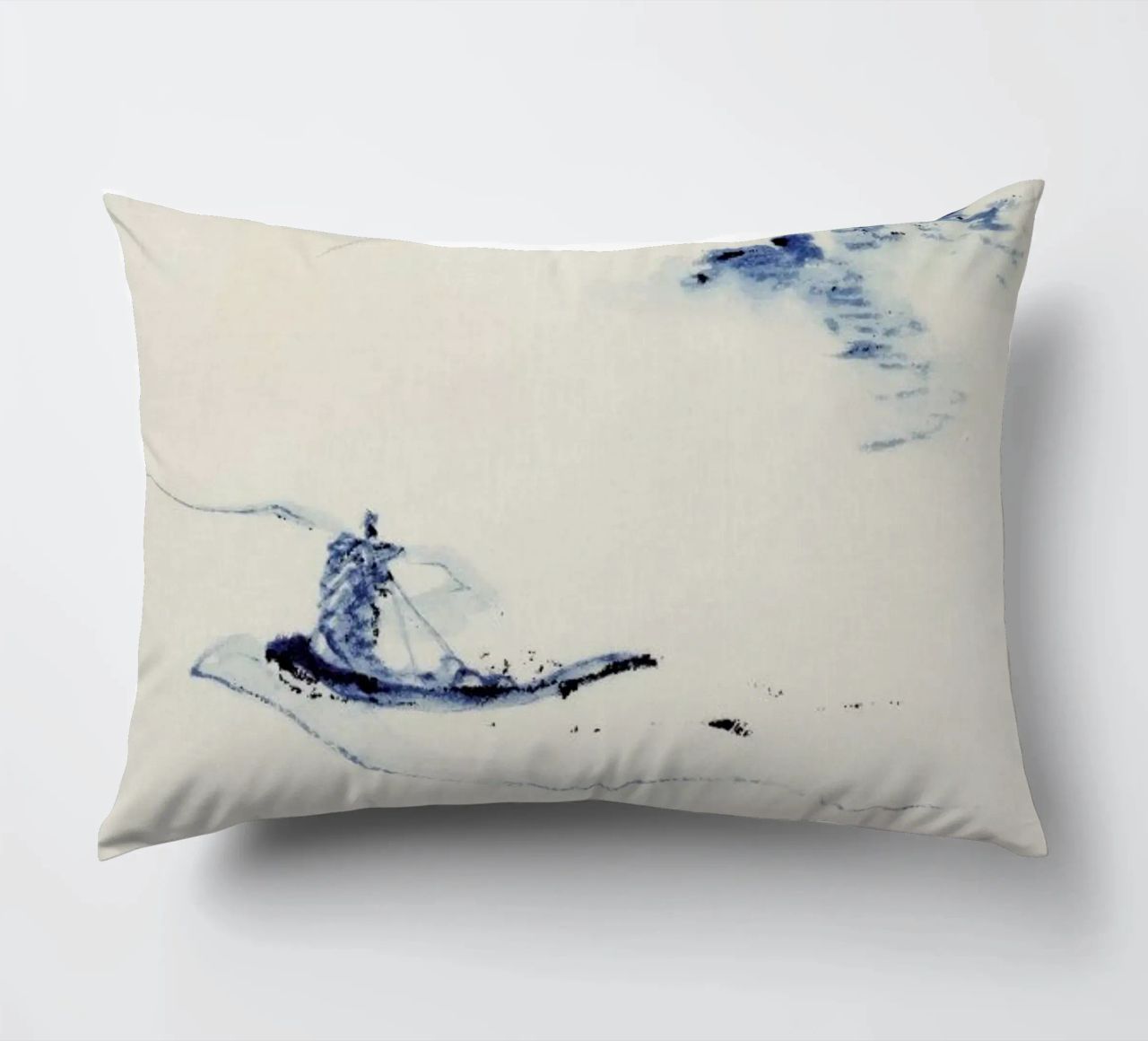 Hokusai - A Person in a Small Boat on a River with Mount Fuji in the Background III decorative cushion by Vintage by JUNIQE