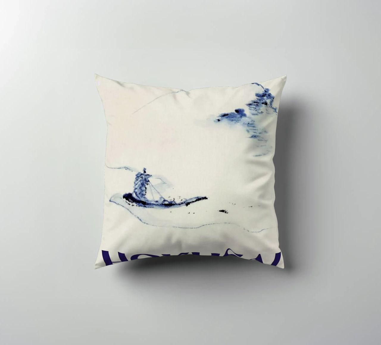Hokusai - A Person in a Small Boat on a River with Mount Fuji in the Background III decorative cushion by Vintage by JUNIQE