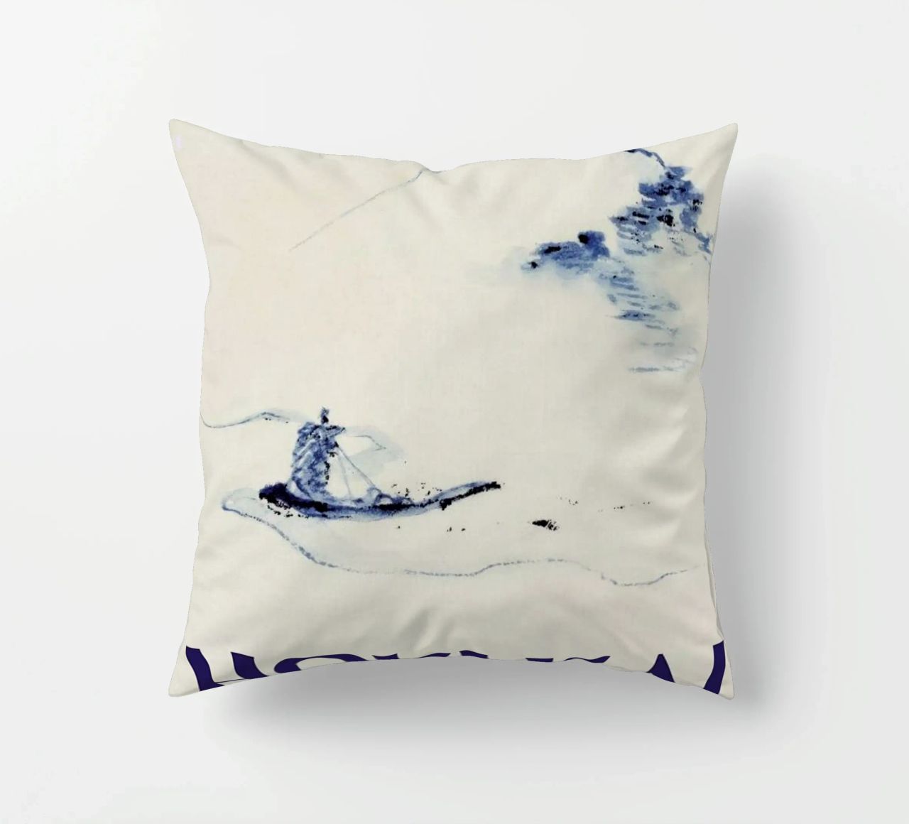 Hokusai - A Person in a Small Boat on a River with Mount Fuji in the Background III decorative cushion by Vintage by JUNIQE