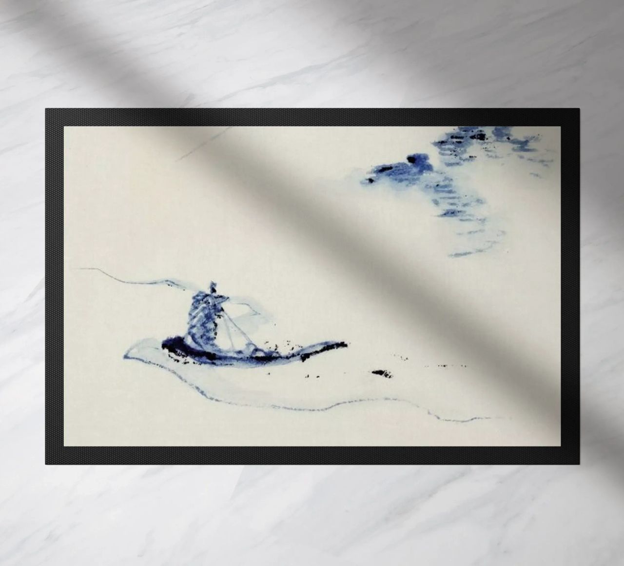 Hokusai - A Person in a Small Boat on a River with Mount Fuji in the Background III doormat by Vintage by JUNIQE