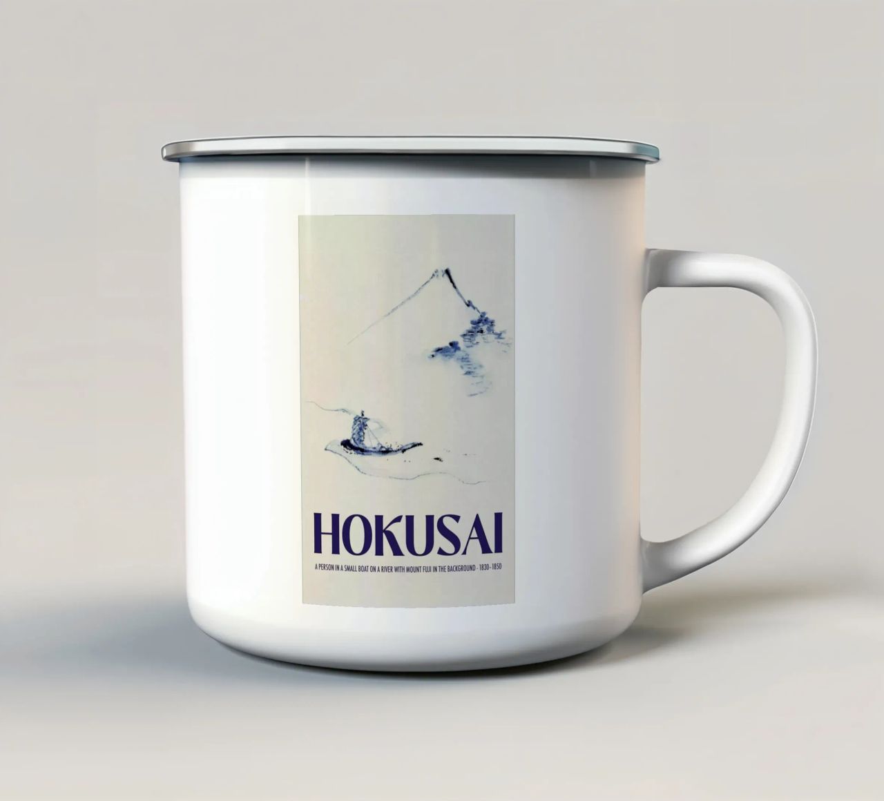 Hokusai - A Person in a Small Boat on a River with Mount Fuji in the Background III enamel mug by Vintage by JUNIQE