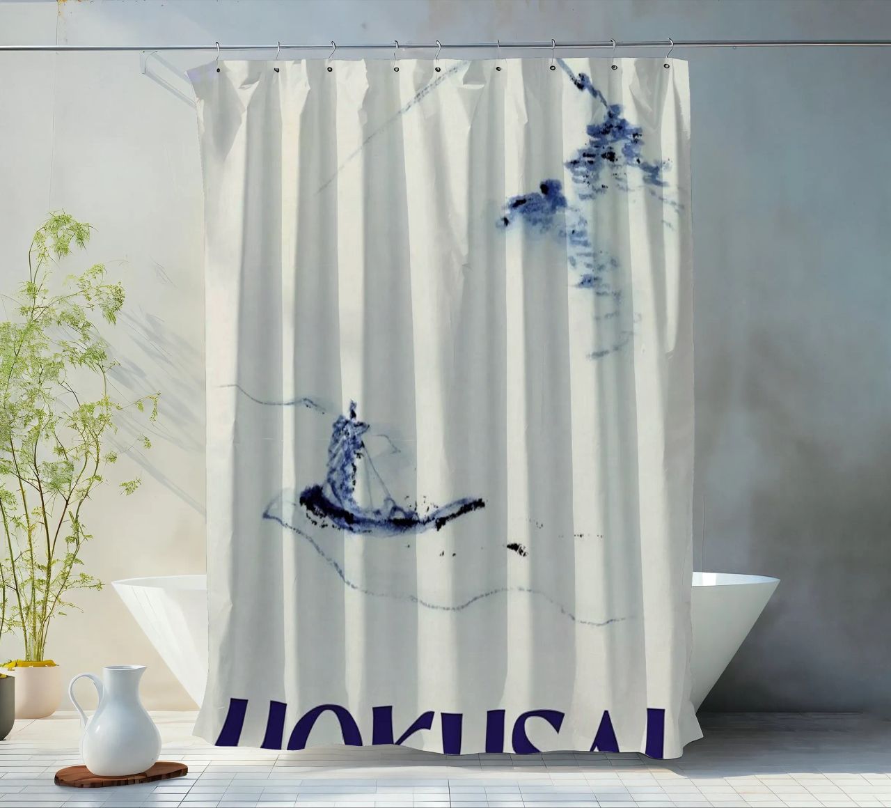 Hokusai - A Person in a Small Boat on a River with Mount Fuji in the Background III shower curtain by Vintage by JUNIQE