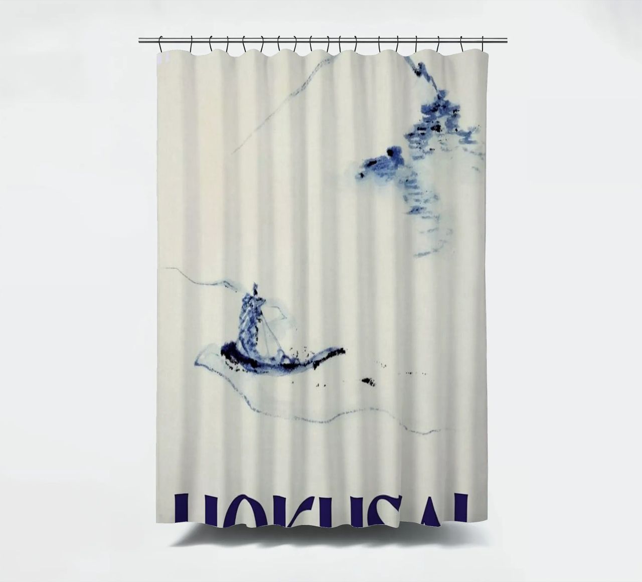 Hokusai - A Person in a Small Boat on a River with Mount Fuji in the Background III shower curtain by Vintage by JUNIQE