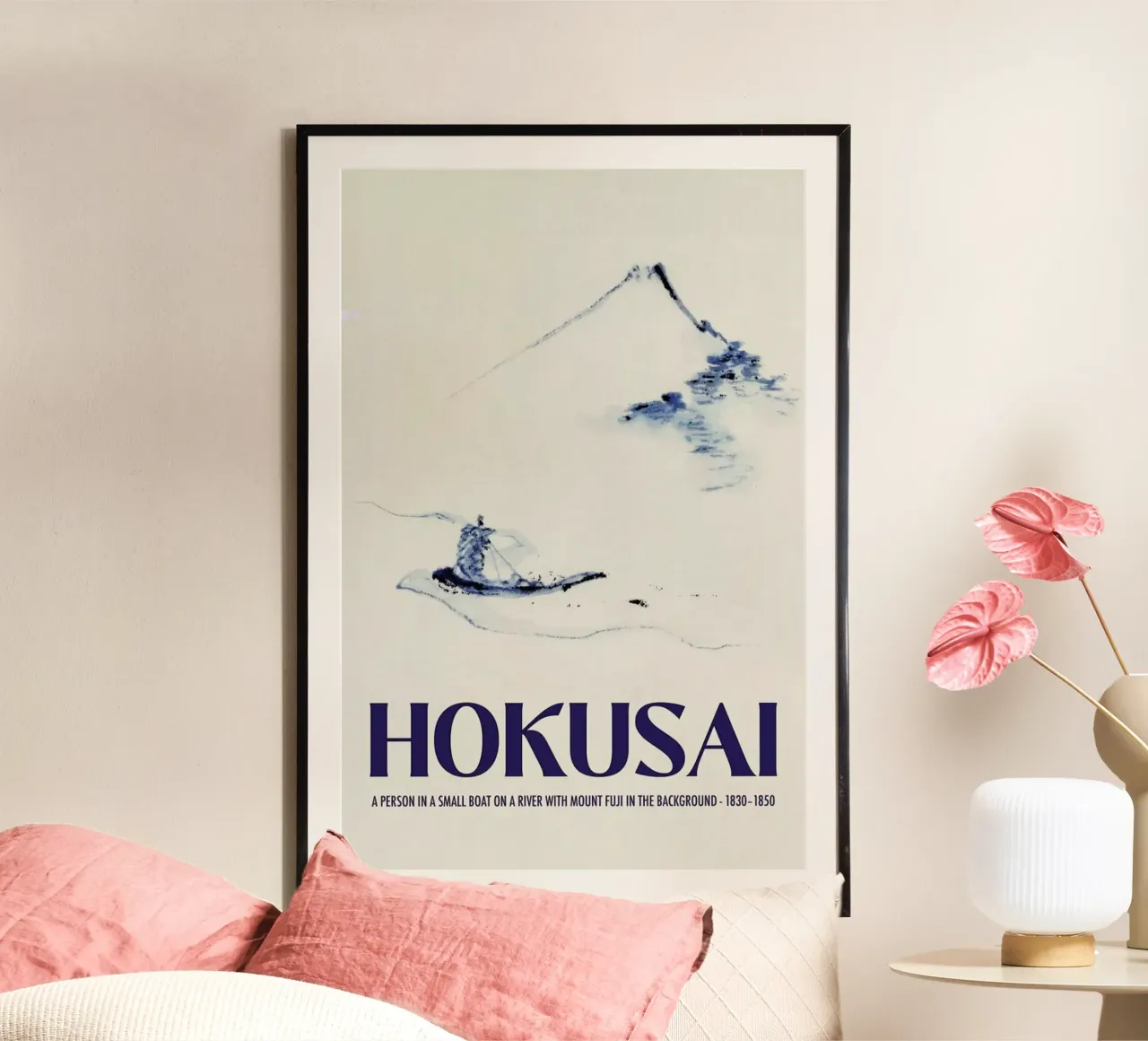 Hokusai - A Person in a Small Boat on a River with Mount Fuji in the Background III poster da Vintage by JUNIQE