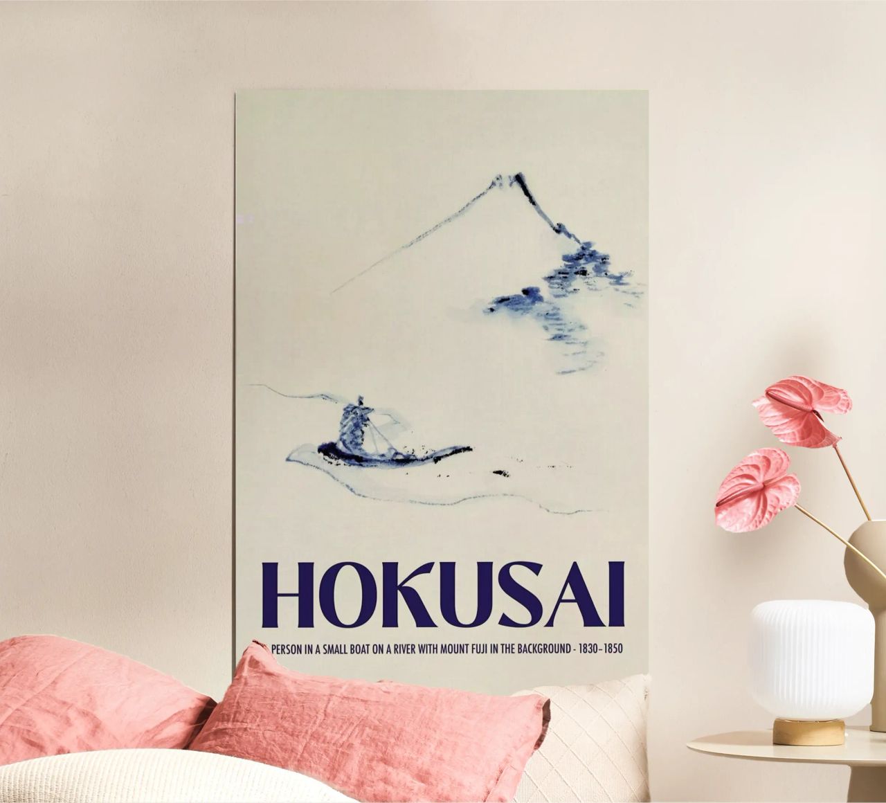 Hokusai - A Person in a Small Boat on a River with Mount Fuji in the Background III poster de Vintage by JUNIQE