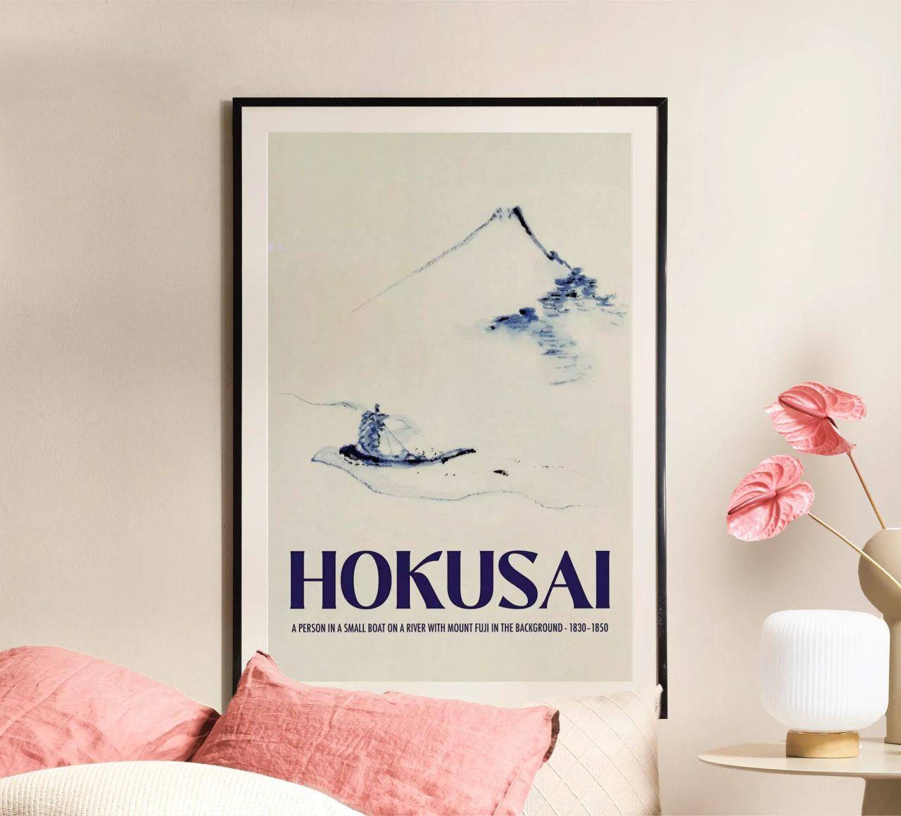 Hokusai - A Person in a Small Boat on a River with Mount Fuji in the Background III poster de Vintage by JUNIQE