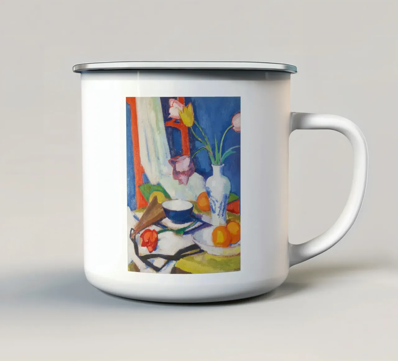 “Still Life with Tulips and Oranges” by Samuel John Peploe enamel mug by Pretty Flowers Vintage Botanicals