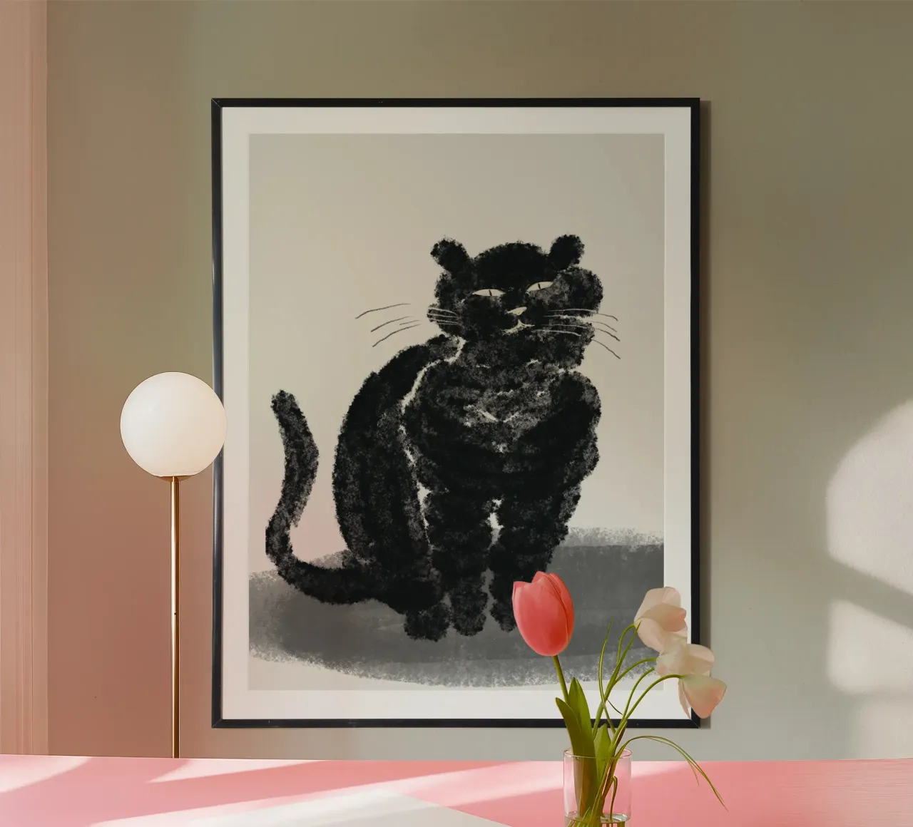 Ritratto di gatto nero poster con telaio in legno da Little Dean