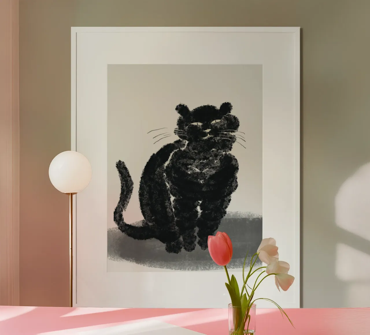 Ritratto di gatto nero poster con telaio in legno da Little Dean