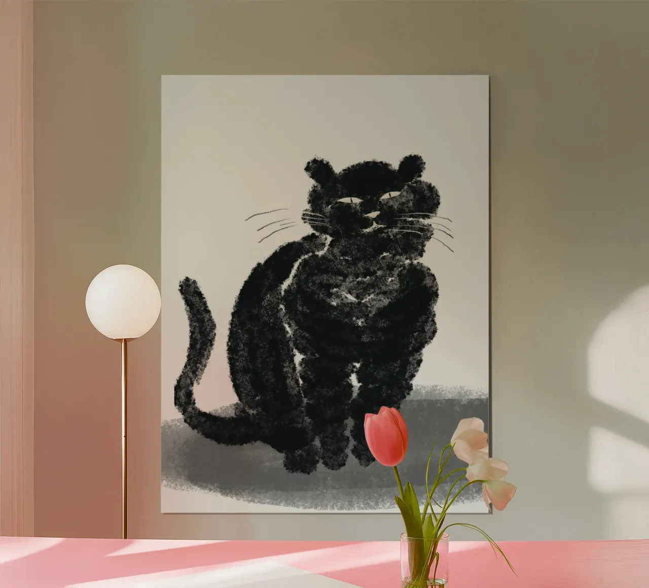 Ritratto di gatto nero poster con telaio in legno da Little Dean