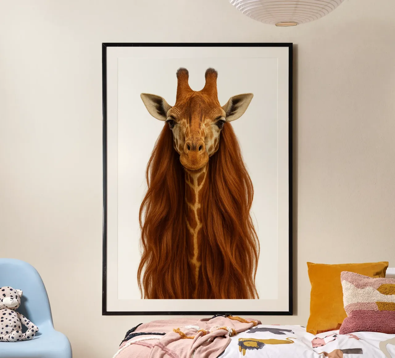 Girafe Glamour - L'icona dai capelli rossi di Parigi poster con telaio in alluminio da So Cute Land - Affiches et posters