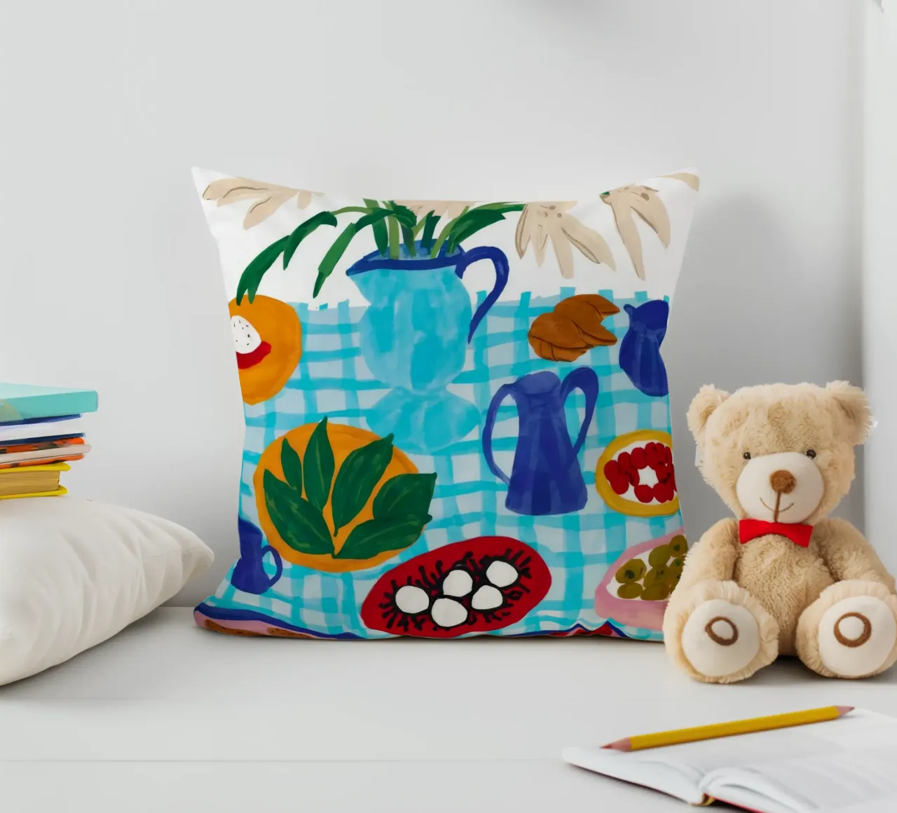 Azure Tabletop Feast decorative cushion by Pake Nebula