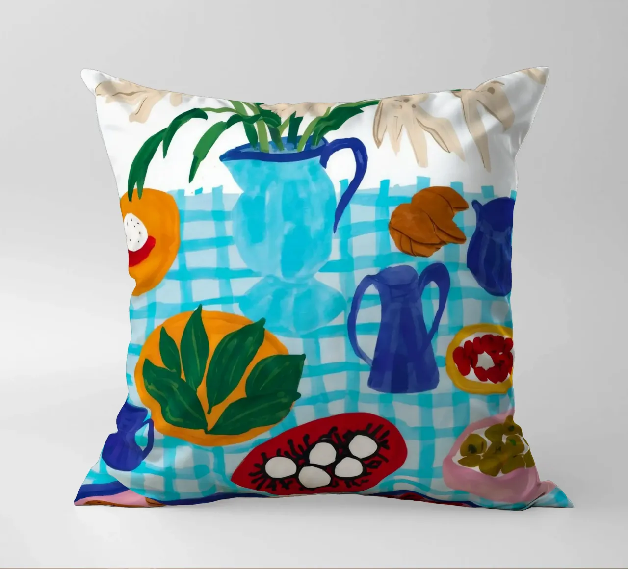 Azure Tabletop Feast decorative cushion by Pake Nebula