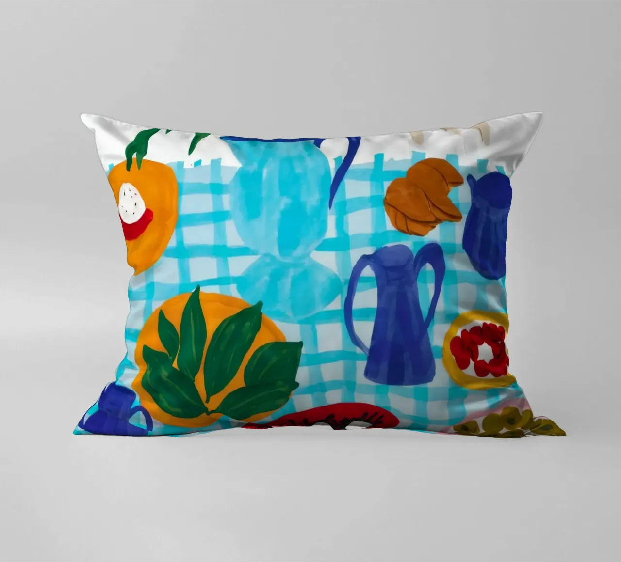Azure Tabletop Feast decorative cushion by Pake Nebula