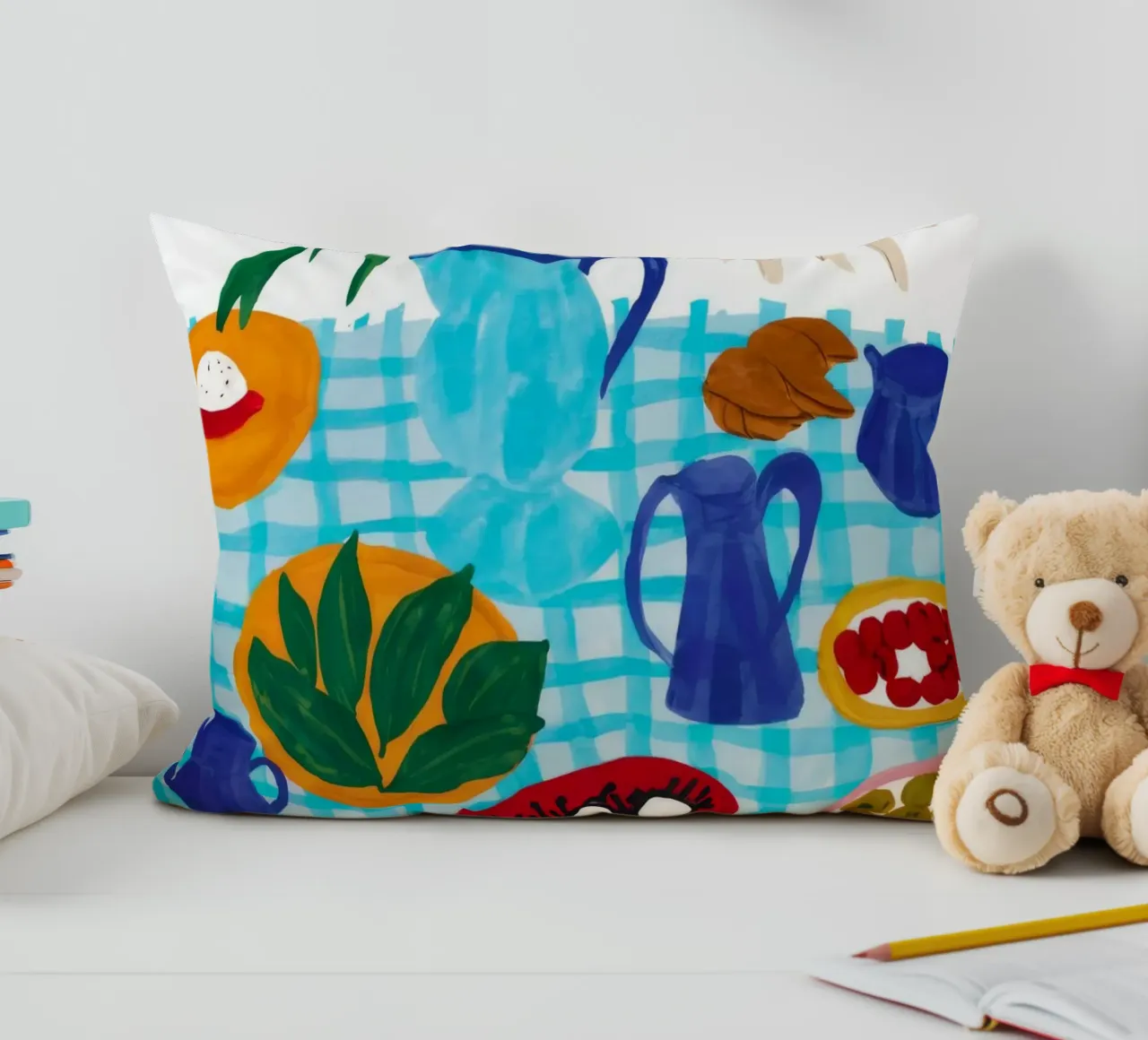 Azure Tabletop Feast decorative cushion by Pake Nebula