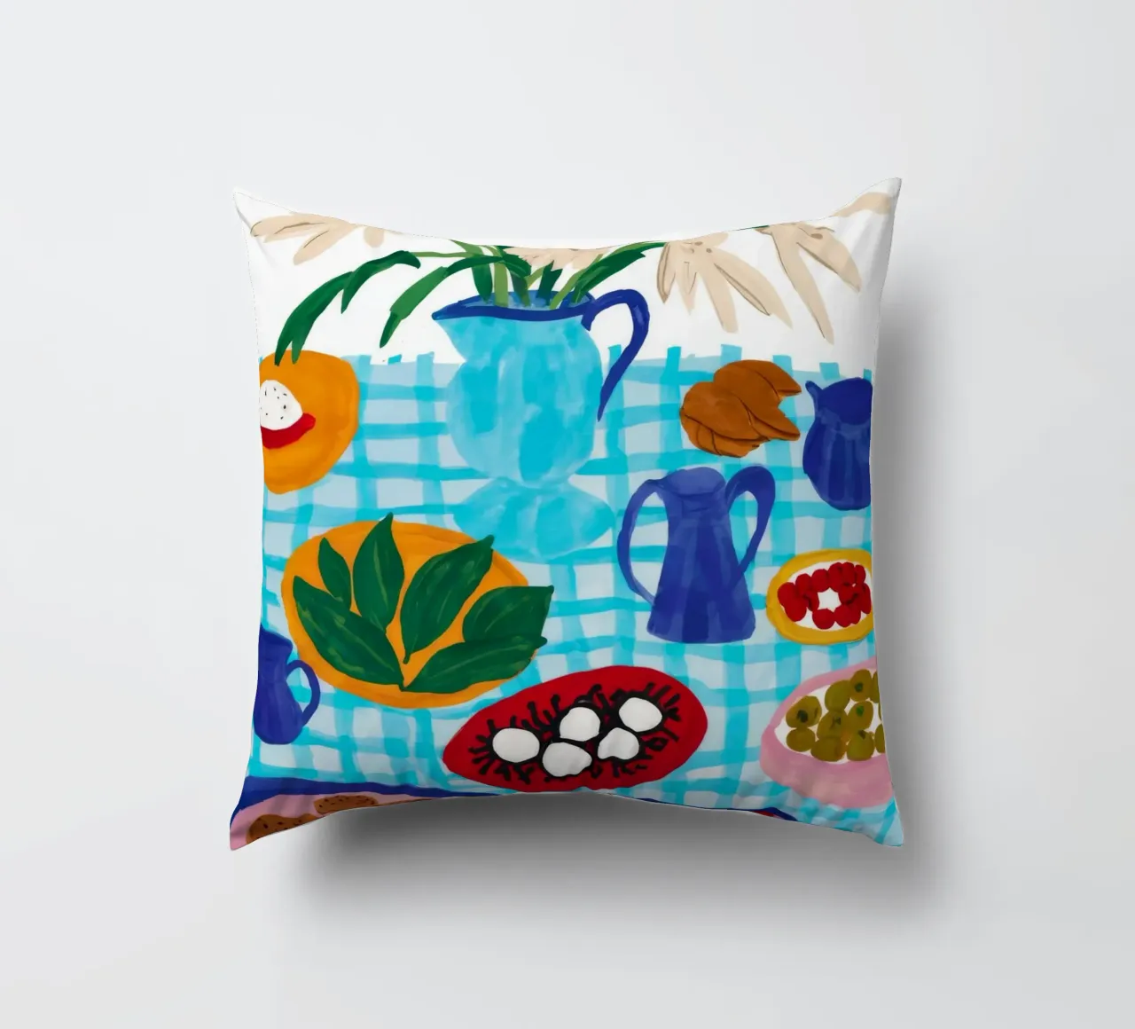 Azure Tabletop Feast decorative cushion by Pake Nebula