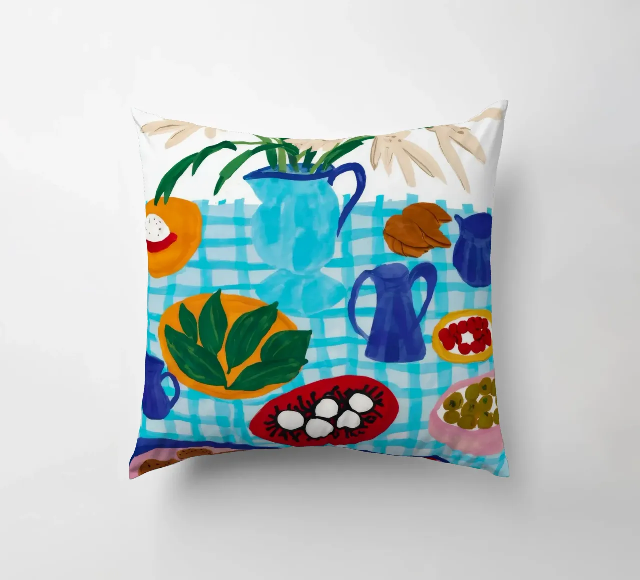 Azure Tabletop Feast decorative cushion by Pake Nebula