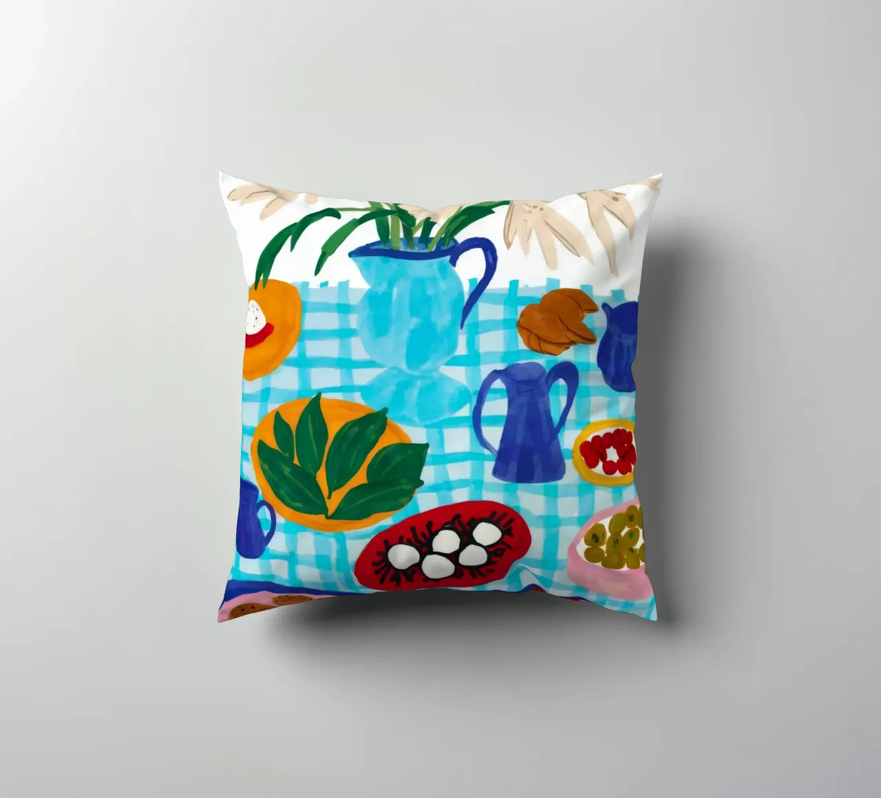 Azure Tabletop Feast decorative cushion by Pake Nebula