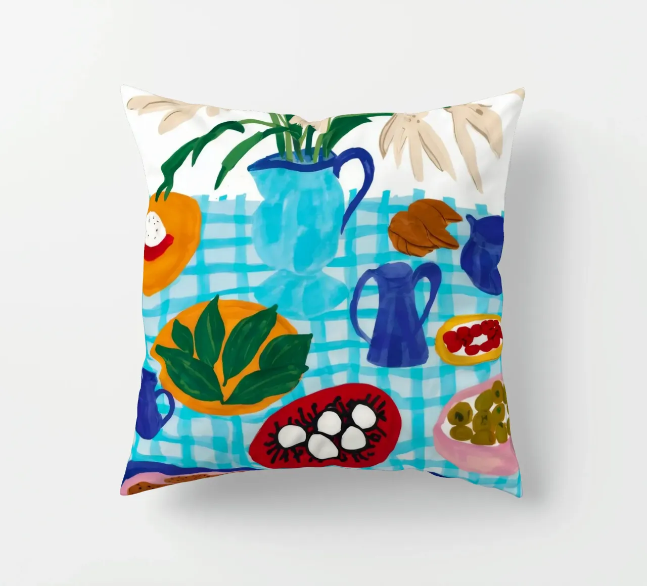 Azure Tabletop Feast decorative cushion by Pake Nebula