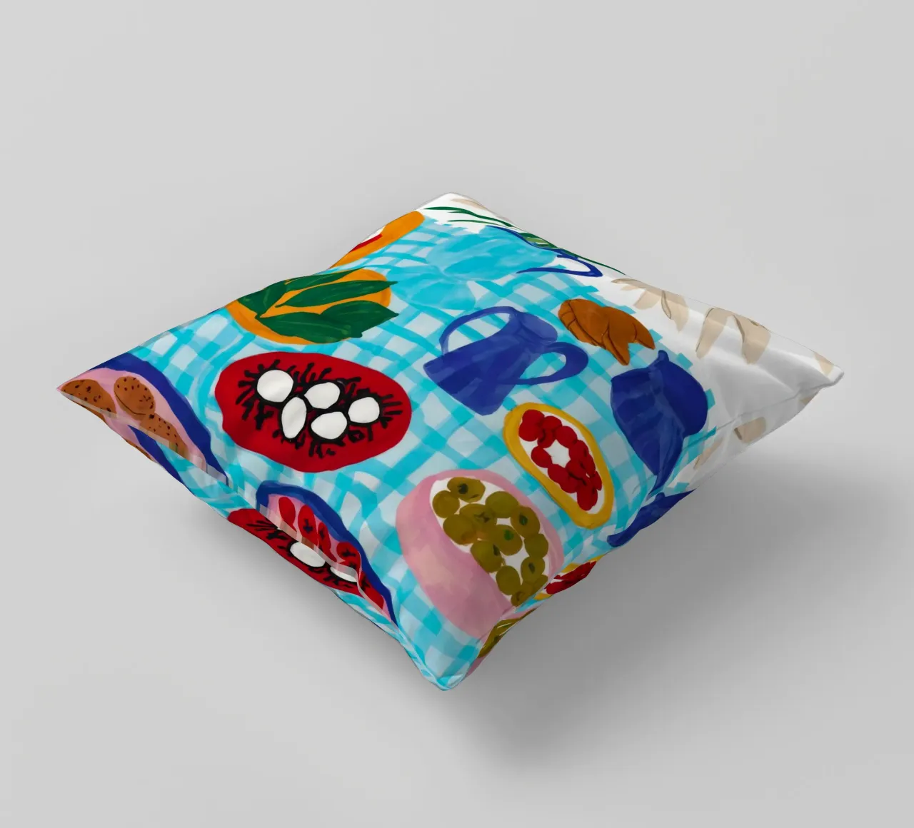 Azure Tabletop Feast decorative cushion by Pake Nebula