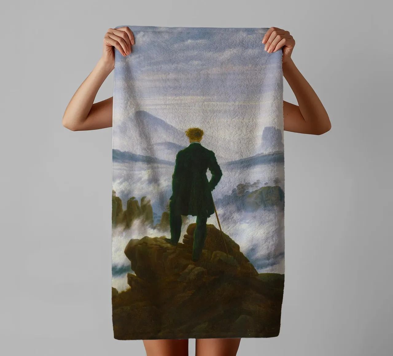 “Wanderer above the Sea of Fog” by Caspar David Friedrich towel by Venus Art