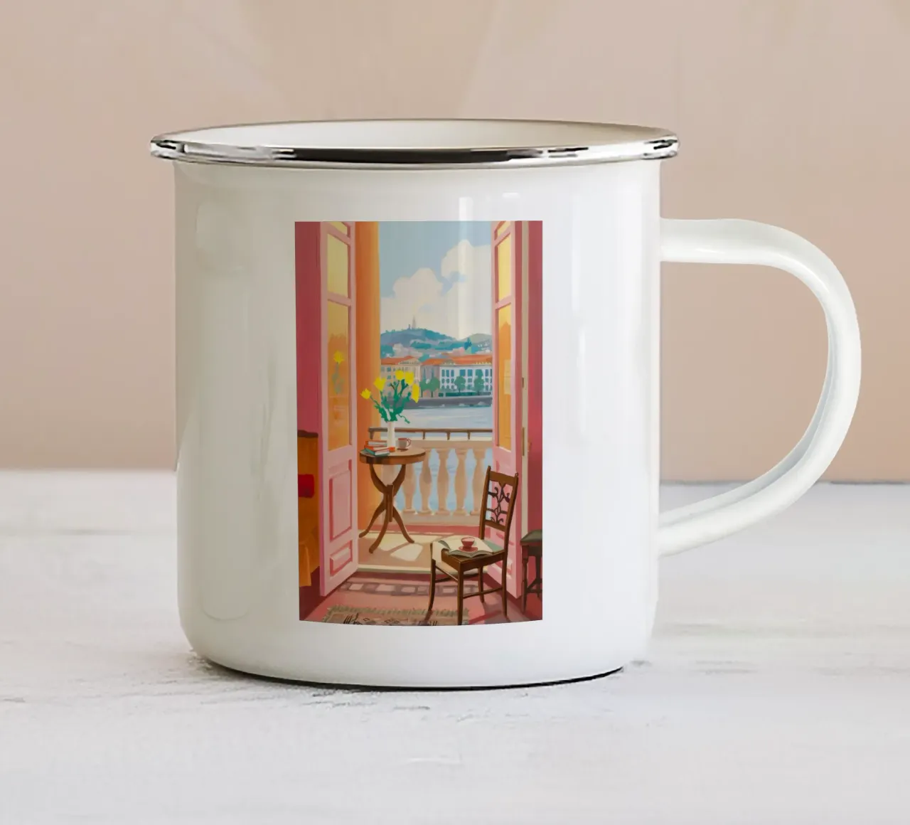 Sguardo da balcone rosato tazza in smalto da Murni Strokes