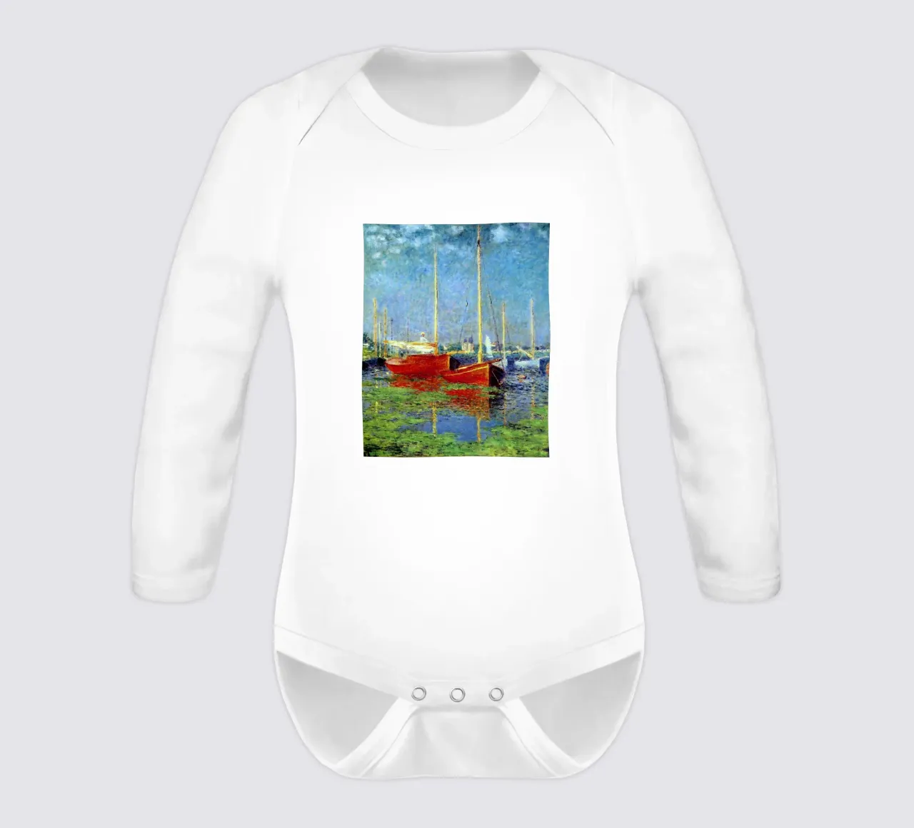 red boat anchored in the marsh waters claude monet long-sleeve baby romper by belong shop