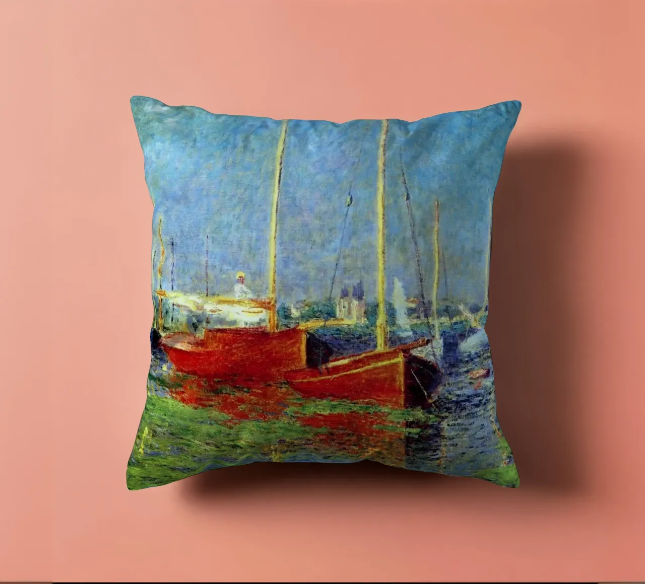 red boat anchored in the marsh waters claude monet decorative cushion by belong shop