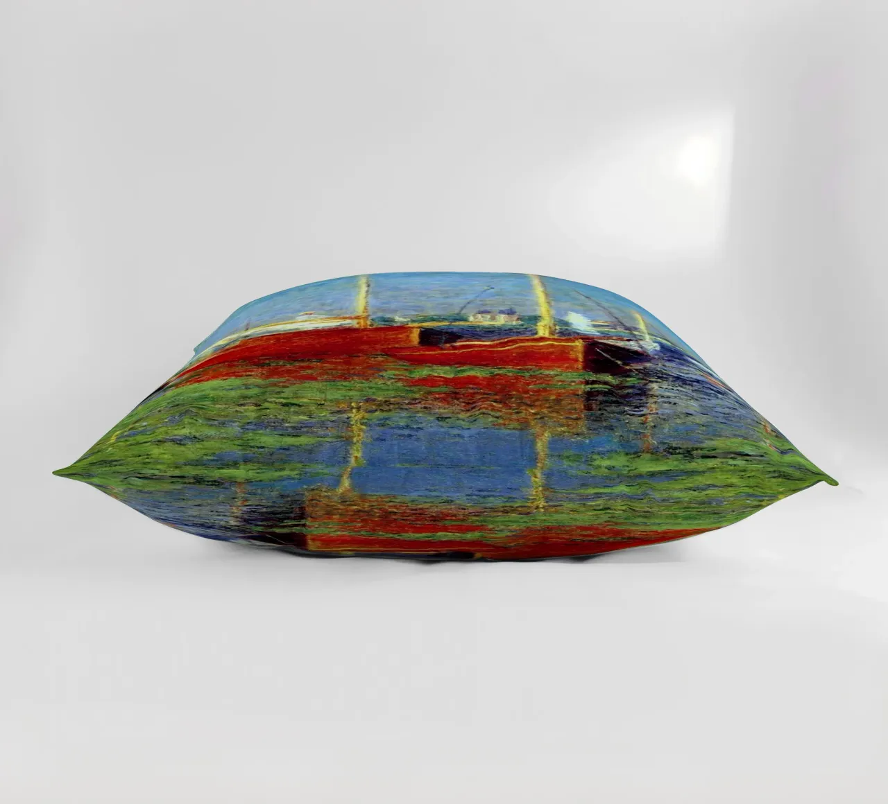 red boat anchored in the marsh waters claude monet decorative cushion by belong shop