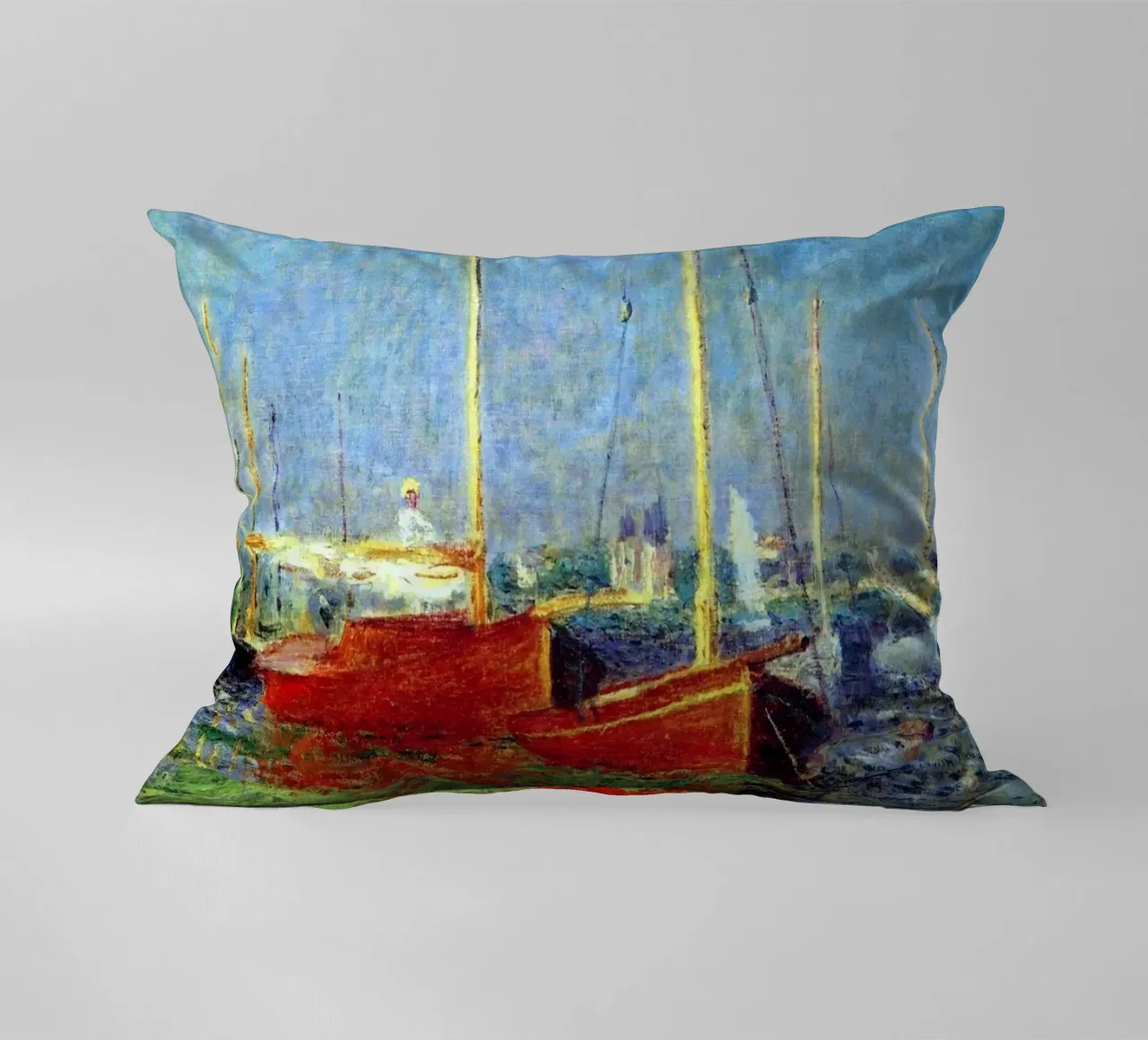 red boat anchored in the marsh waters claude monet decorative cushion by belong shop