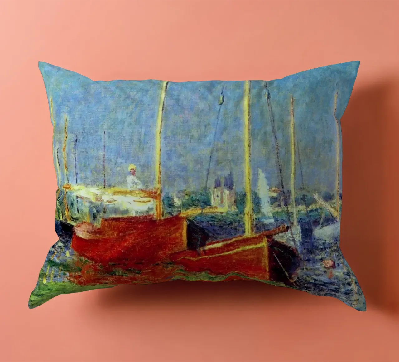 red boat anchored in the marsh waters claude monet decorative cushion by belong shop