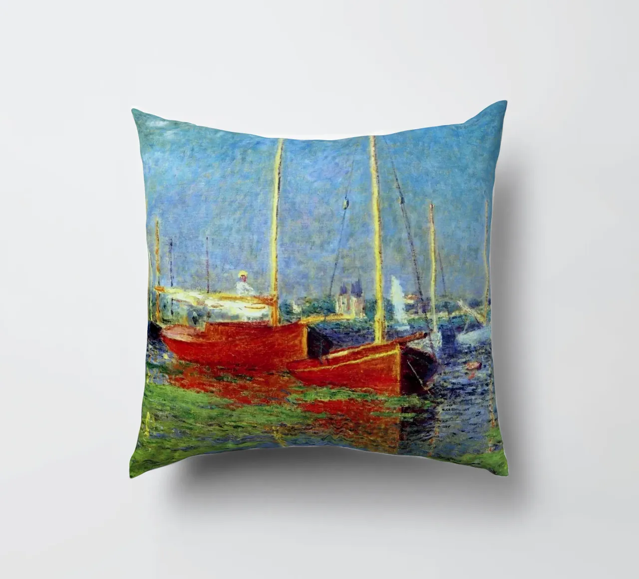 red boat anchored in the marsh waters claude monet decorative cushion by belong shop