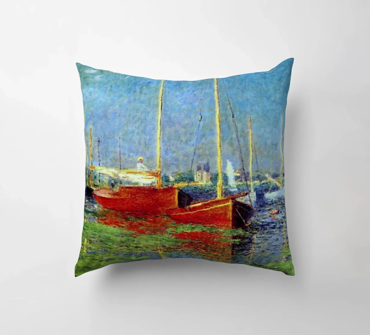 red boat anchored in the marsh waters claude monet decorative cushion by belong shop