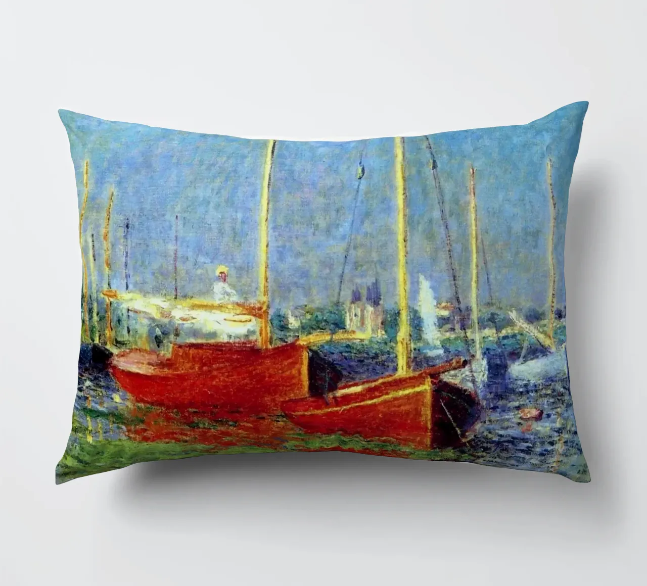 red boat anchored in the marsh waters claude monet decorative cushion by belong shop