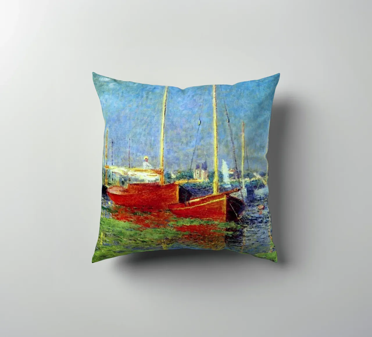 red boat anchored in the marsh waters claude monet decorative cushion by belong shop