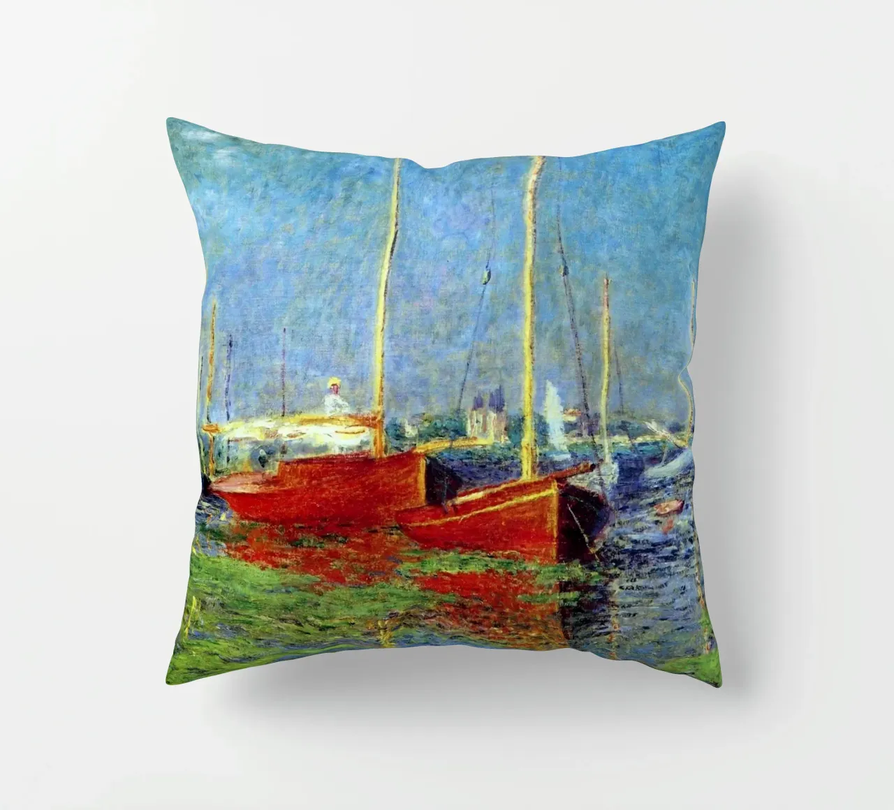 red boat anchored in the marsh waters claude monet decorative cushion by belong shop