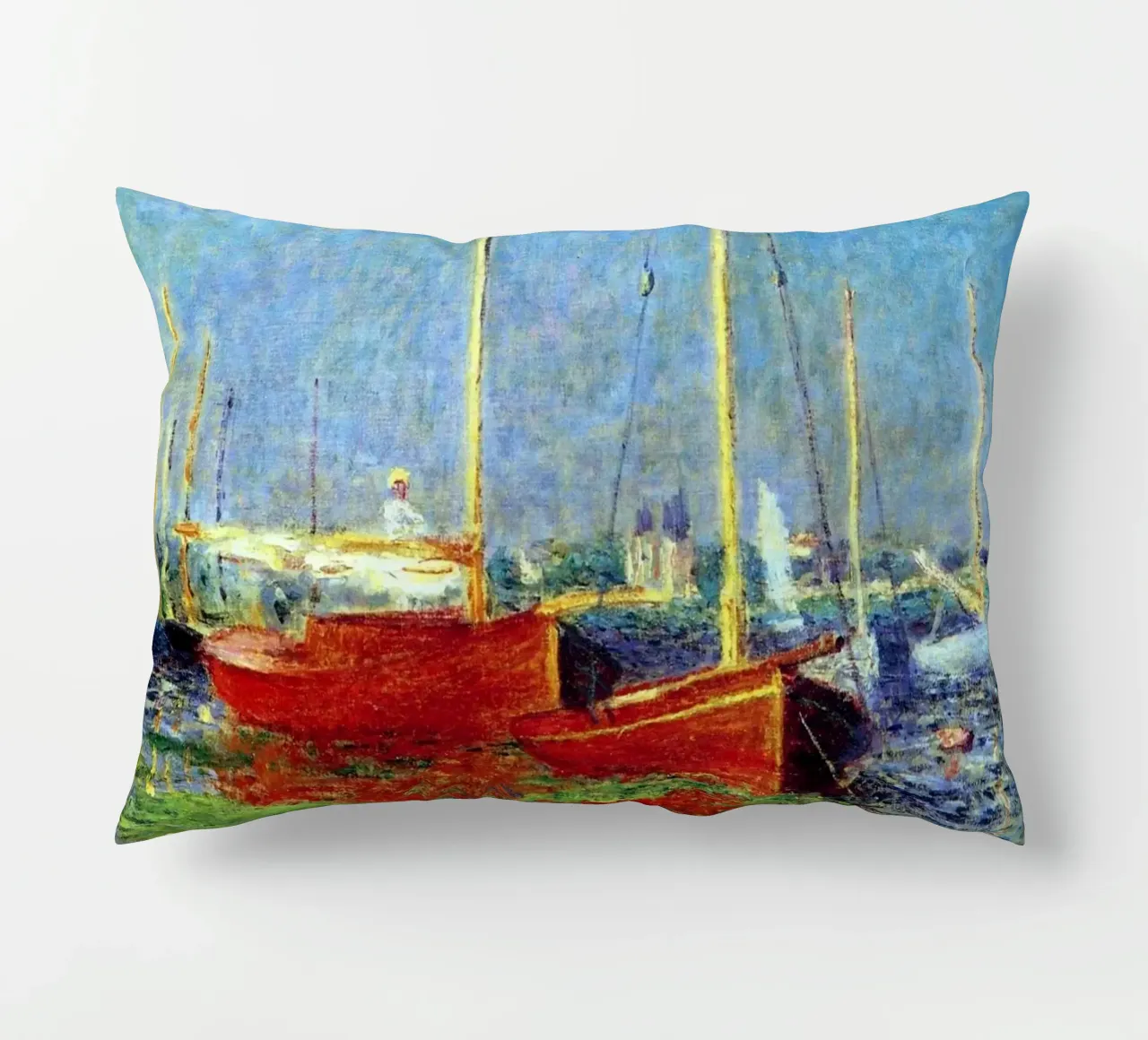 red boat anchored in the marsh waters claude monet decorative cushion by belong shop