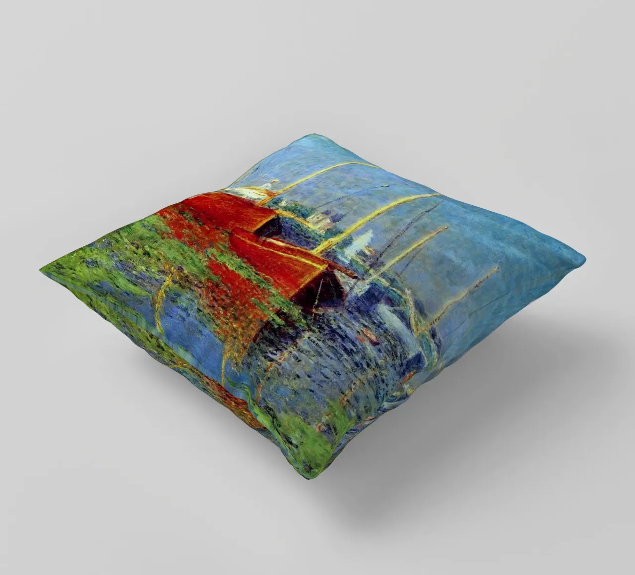 red boat anchored in the marsh waters claude monet decorative cushion by belong shop