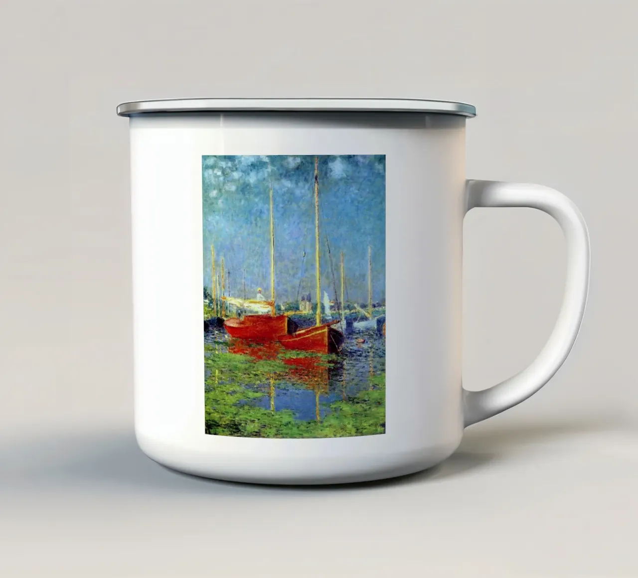 rotes boot verankert in den sumpfgewässern claude monet Emaille Tasse von belong shop