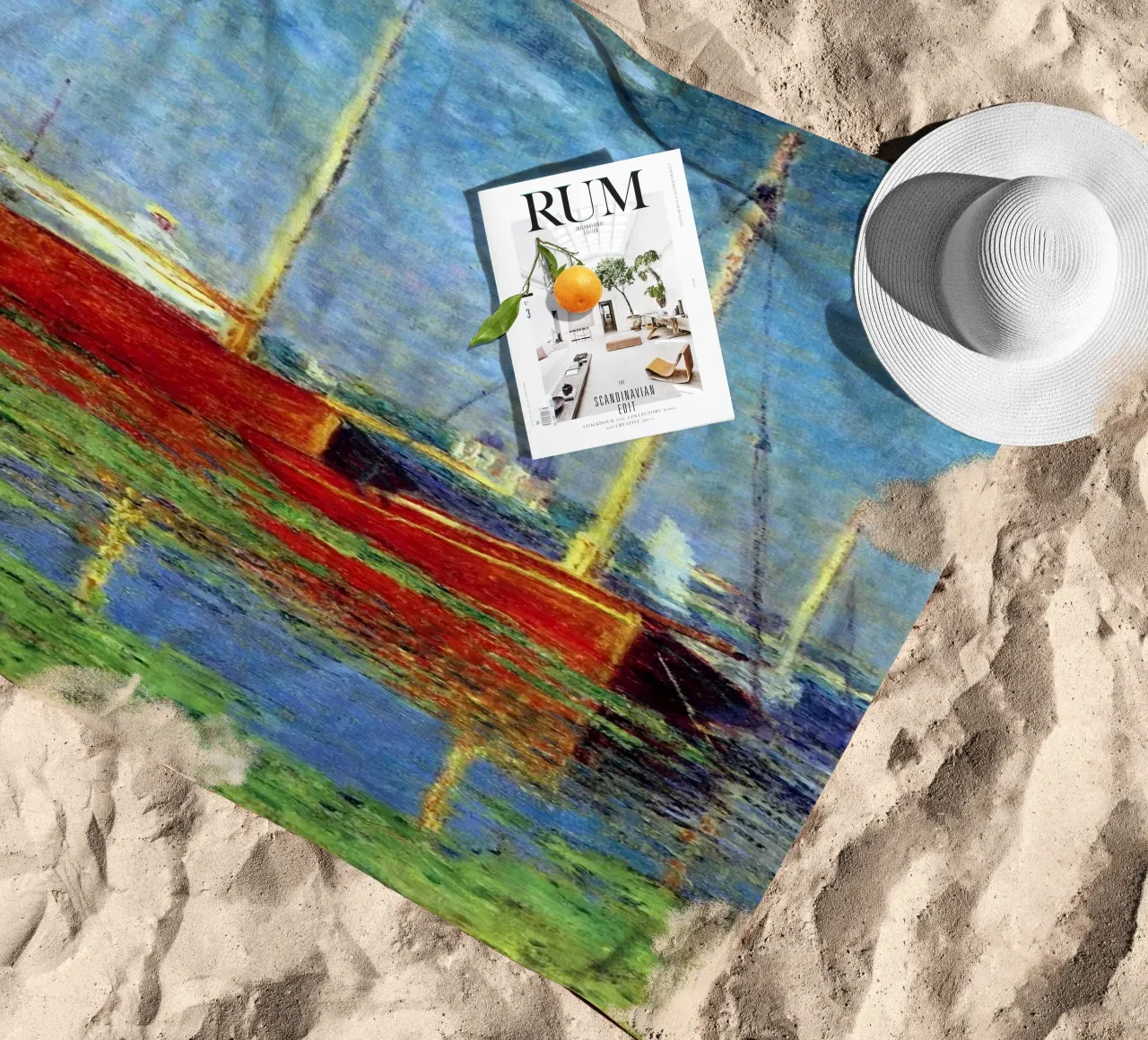 rotes boot verankert in den sumpfgewässern claude monet Strandtuch von belong shop