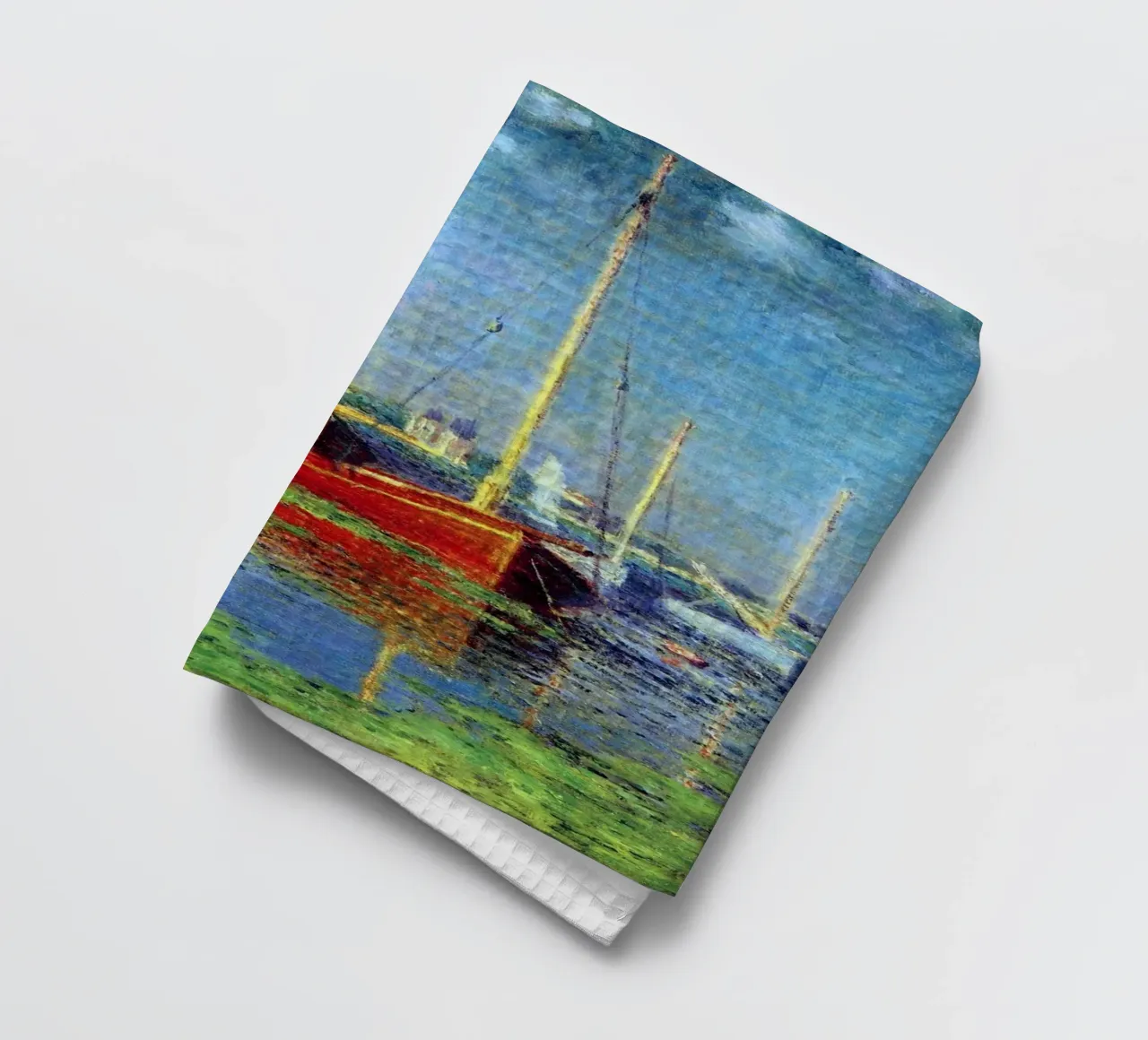 rotes boot verankert in den sumpfgewässern claude monet Geschirrtuch von belong shop