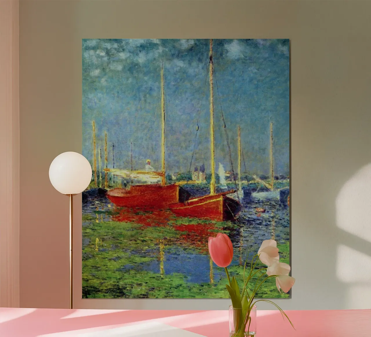 bateau rouge ancré dans les eaux du marais claude monet poster avec cadre en aluminium de belong shop