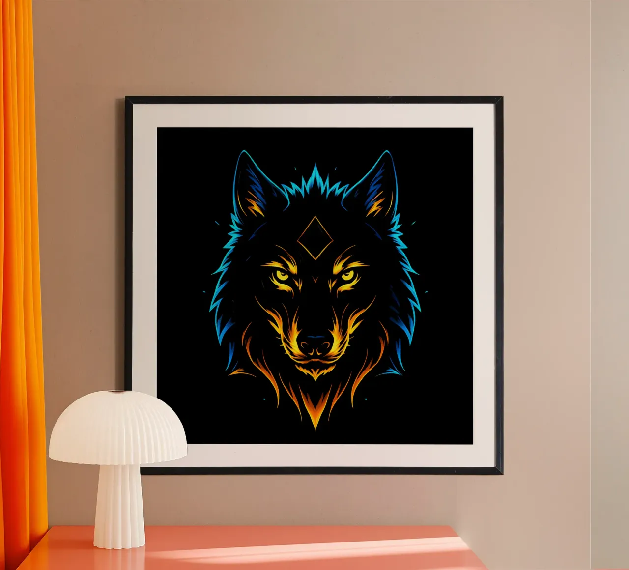 Lupo a fiamma neon con diamante mistico poster con telaio in alluminio da LM2KONE