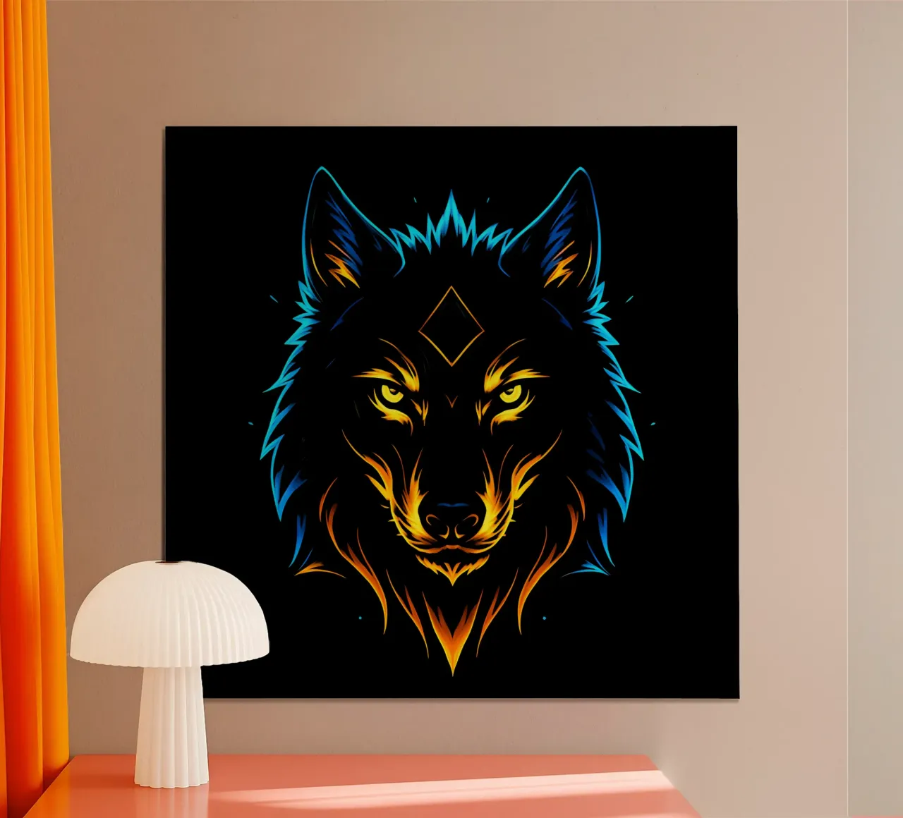 Lupo a fiamma neon con diamante mistico poster con telaio in alluminio da LM2KONE